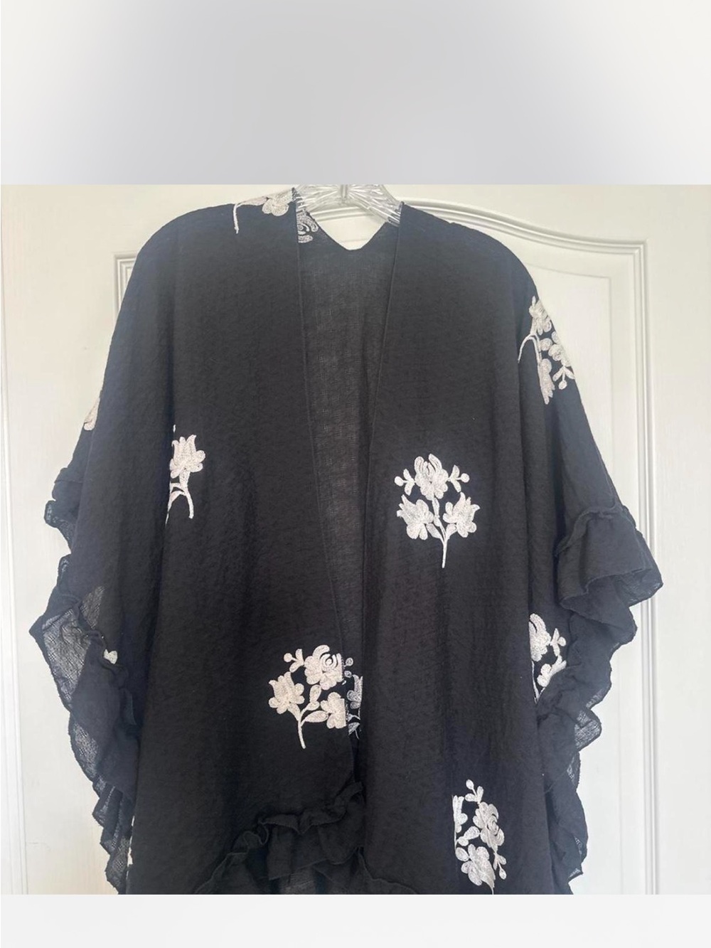Black Floral Embroidered Ruffle Trim Open Cape